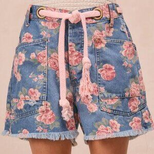 BiBi Braided Waist Belt Patch Pockets Floral Print Denim Shorts